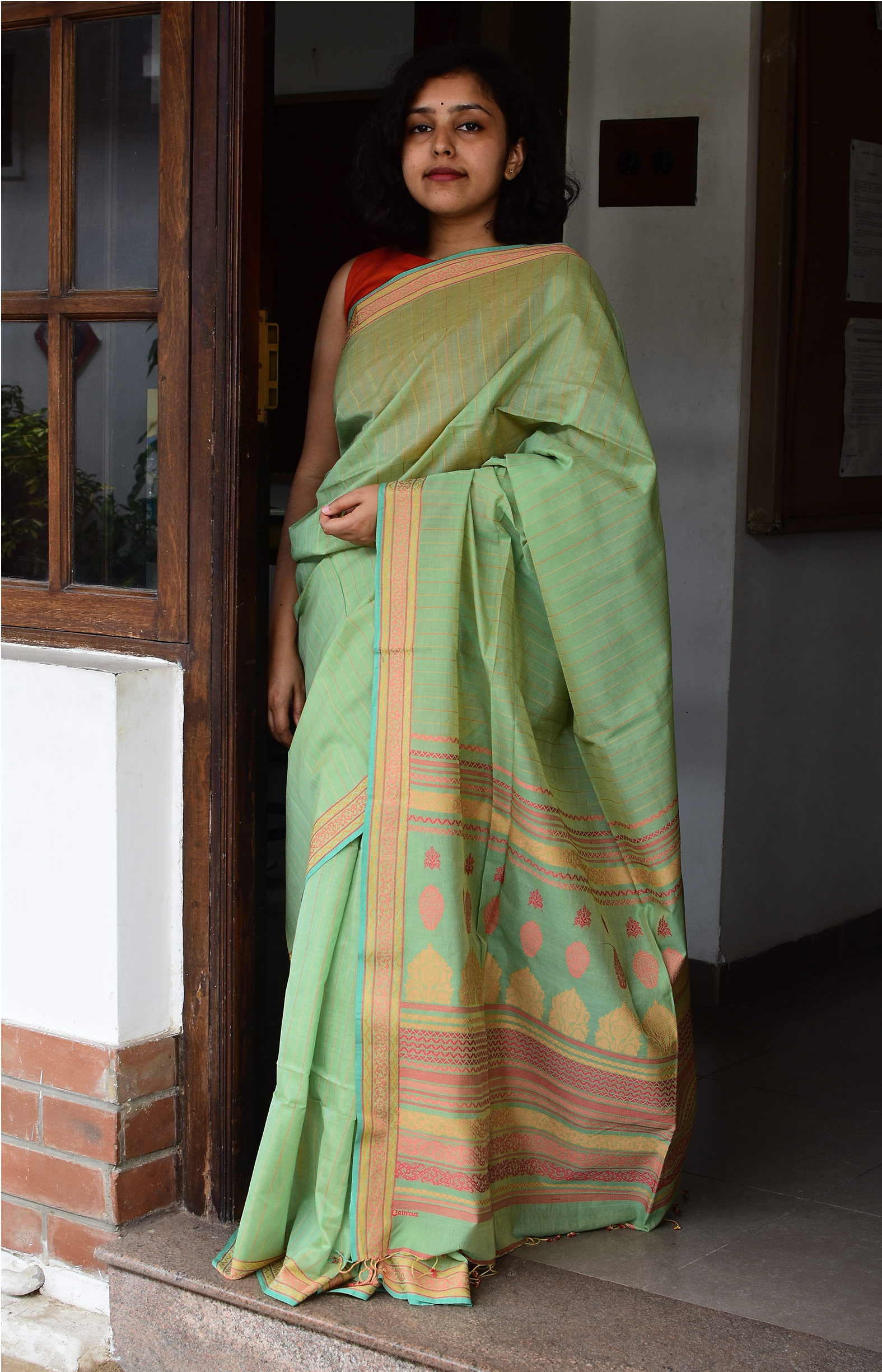 Yellowish green, Handwoven Organic Cotton, Plain Weave , Jacquard, Work Wear, Striped Saree